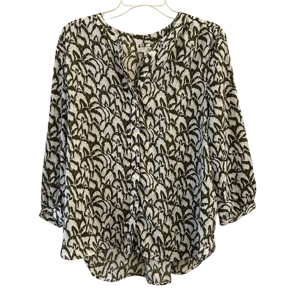 JACHS Girlfriend Dark Sage Mossy Green and Off White Boxy Leaf Print Blouse Med